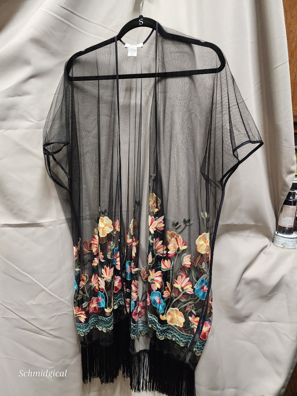 Haute Hippie Black Sheer Trim Kimono Duster Embroirered